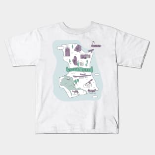 The Town of Schitt's Creek, hand drawn map of all of the town landmarks in purples, blues and minty greens. Kids T-Shirt